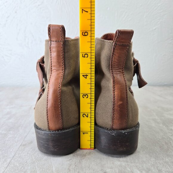 J Crew Ankle Boots 6 Brown Green Canvas Monk Strap Shoe Booties Grunge Lagenlook - Picture 4 of 13